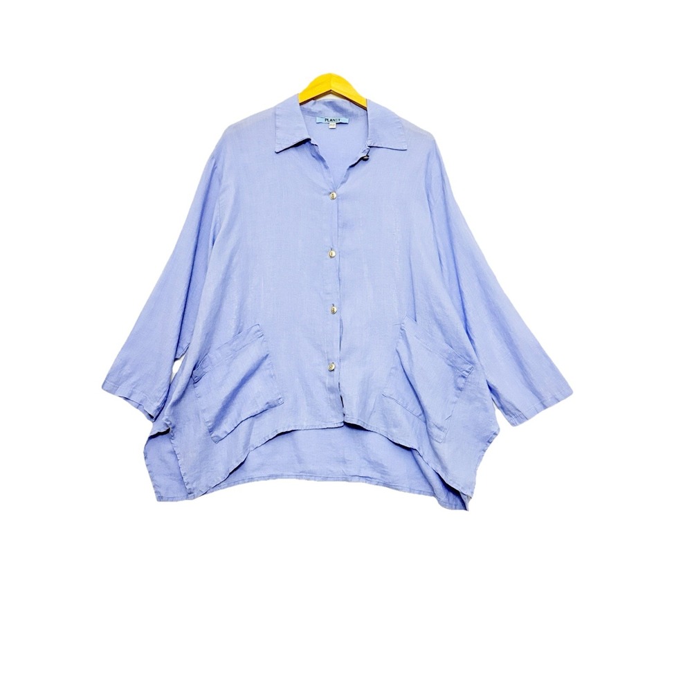 Planet Womens‎ 100% Linen Long Sleeves Button Down Shirt Blue Lagenlook One Size